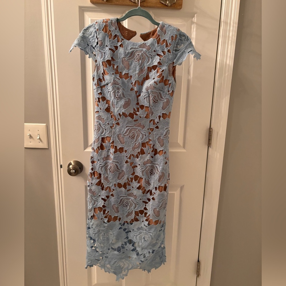 Bronx and Banco baby blue fitted lace midi dress